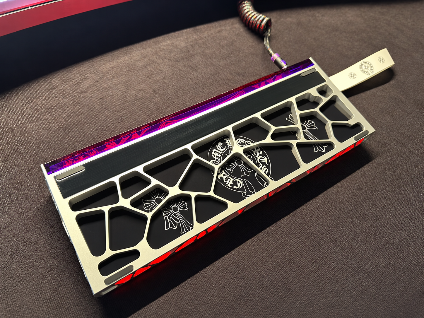 Custom keyboard with open-frame case and red lighting