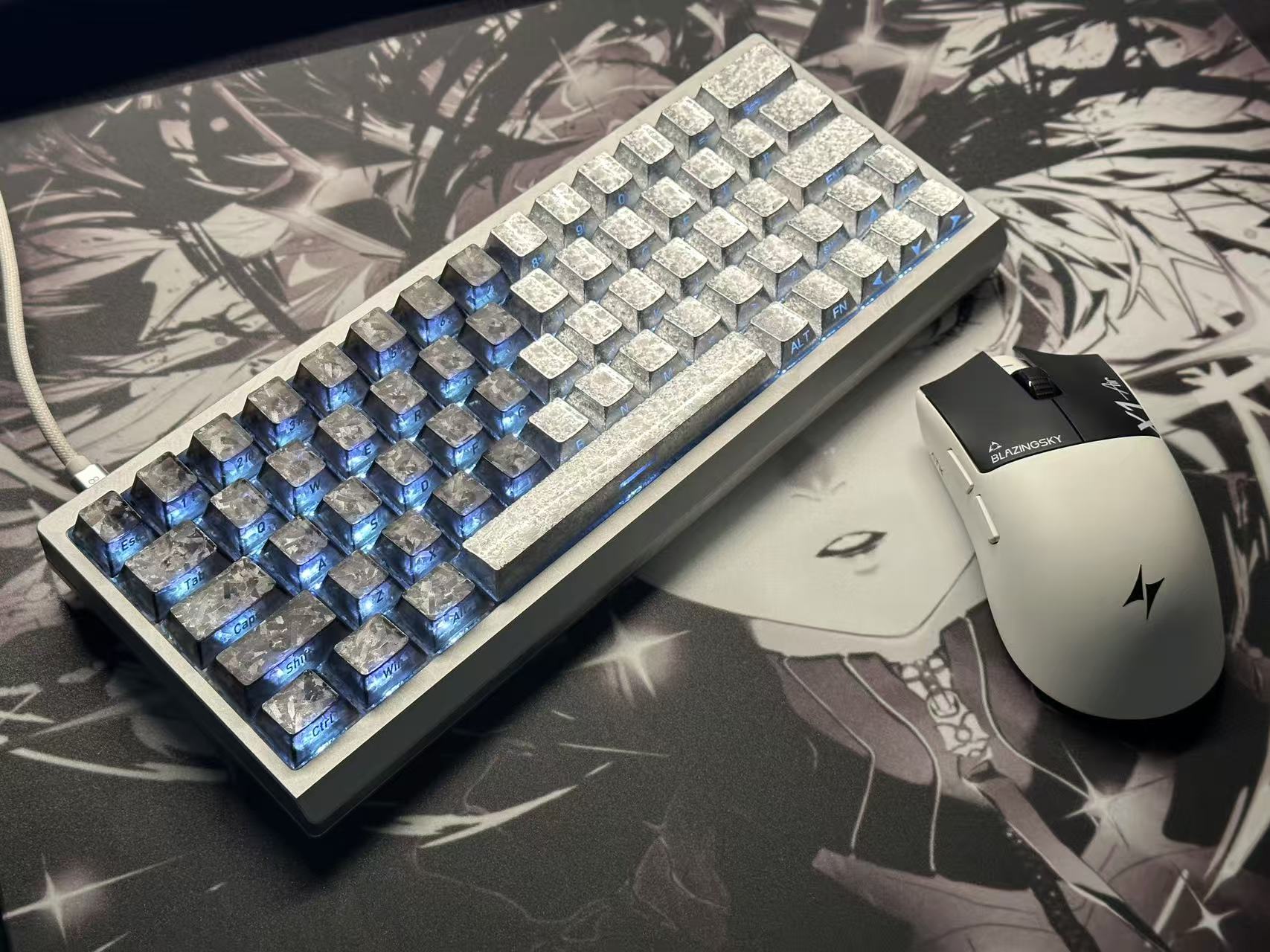 Custom keyboard and mouse with blue lighting