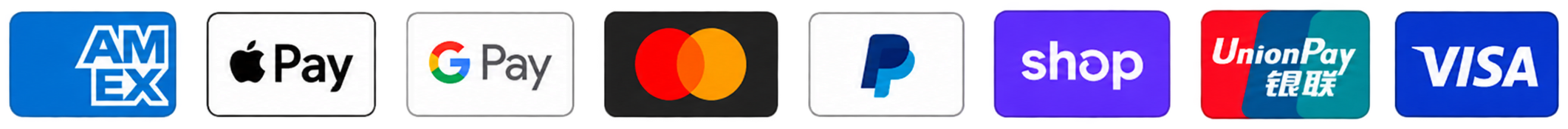American Express, Apple Pay, Google Pay, Mastercard, PayPal, Shop Pay, UnionPay and Visa